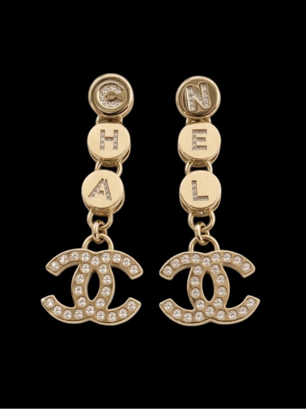 Double C Gold Crystal Logo Letter Drop Earrings
